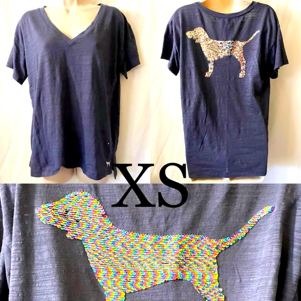 Navy Blue Victoria Secret PINK Multi-Color Sequin Dog T-Shirt